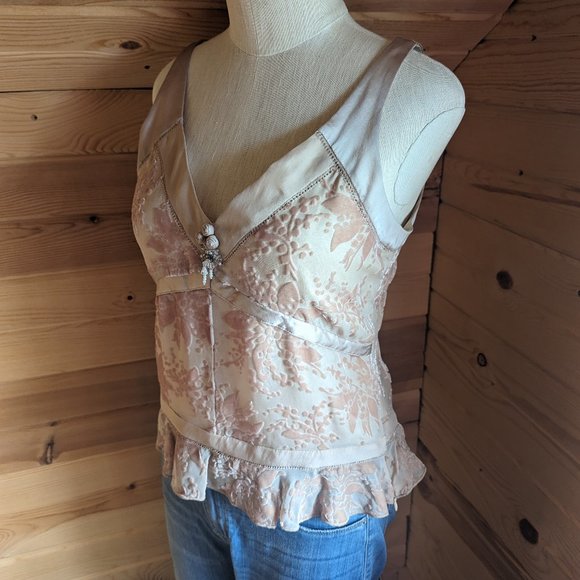 Anthropologie Tops - Anthropologie Fei Blush Pink Velvet Satin Trim Y2K Blouse
